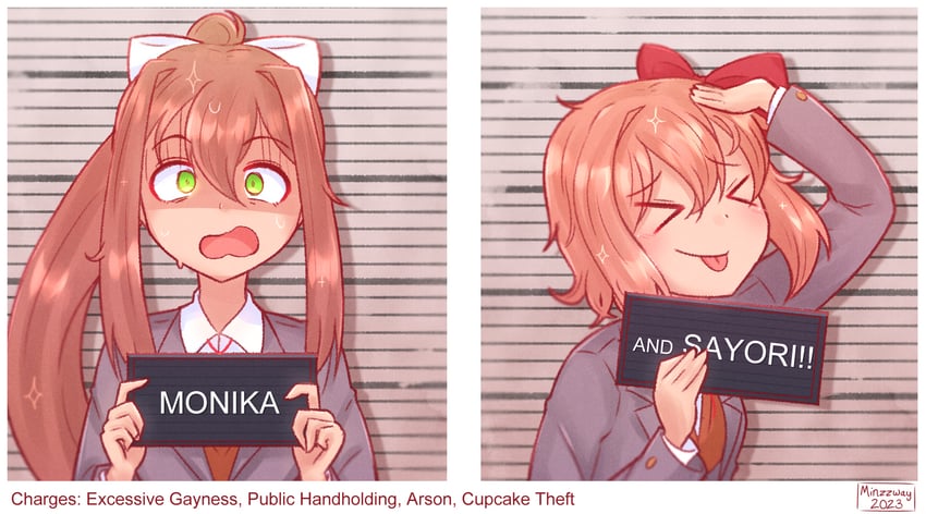 monika and sayori (doki doki literature club) drawn by minzzway