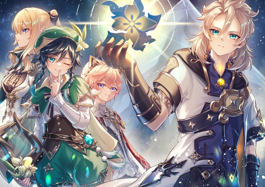 venti, jean, albedo, and dahlia (genshin impact) drawn by yuno_kaihara