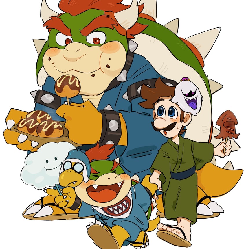 luigi, bowser, bowser jr., blooper, king boo, and 2 more (mario and 1 more) drawn by mimimi_(mimimim9999)