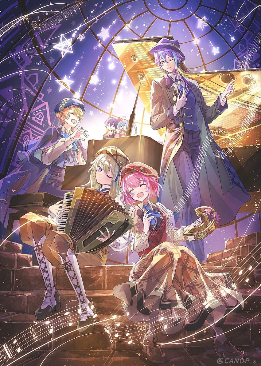 hatsune miku, kaito, ootori emu, tenma tsukasa, kusanagi nene, and 3 more (vocaloid and 1 more) drawn by canop_s