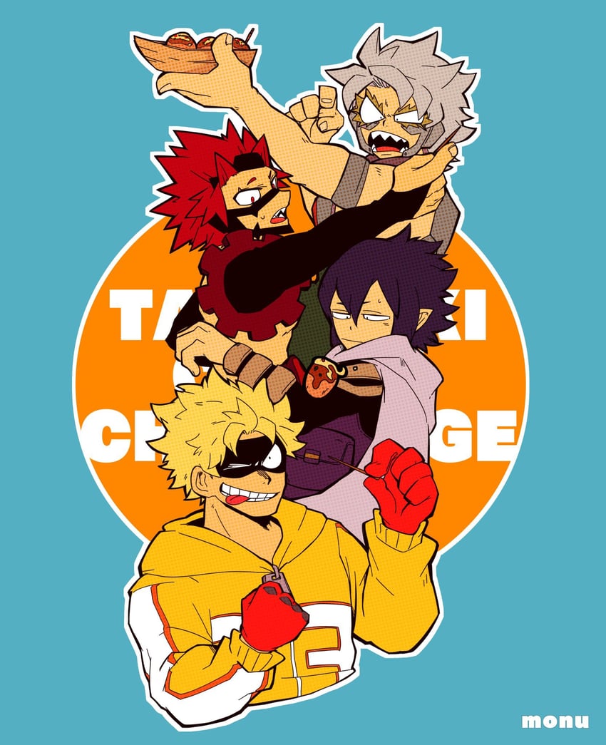 kirishima eijiro, amajiki tamaki, fat gum, and tetsutetsu tetsutetsu (boku no hero academia) drawn by monu
