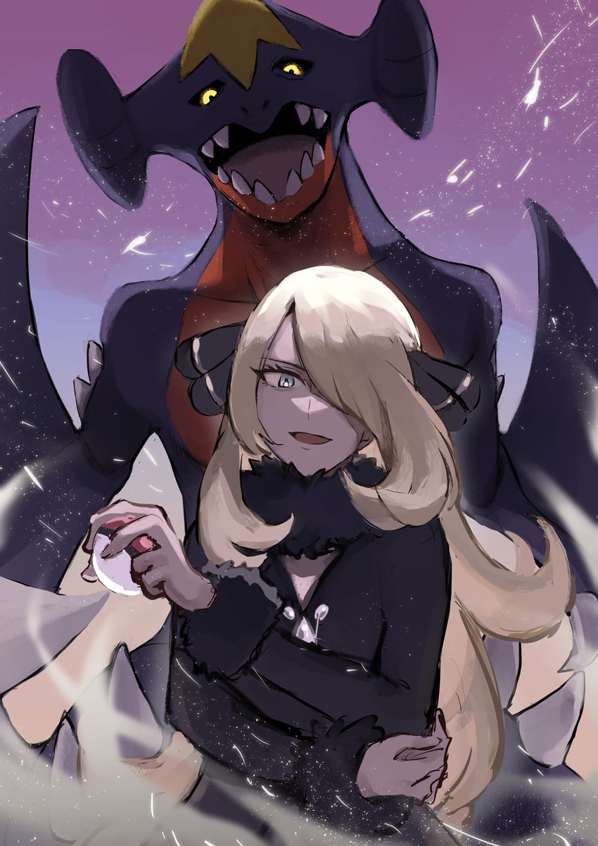 cynthia and garchomp (pokemon and 1 more) drawn by chikiso