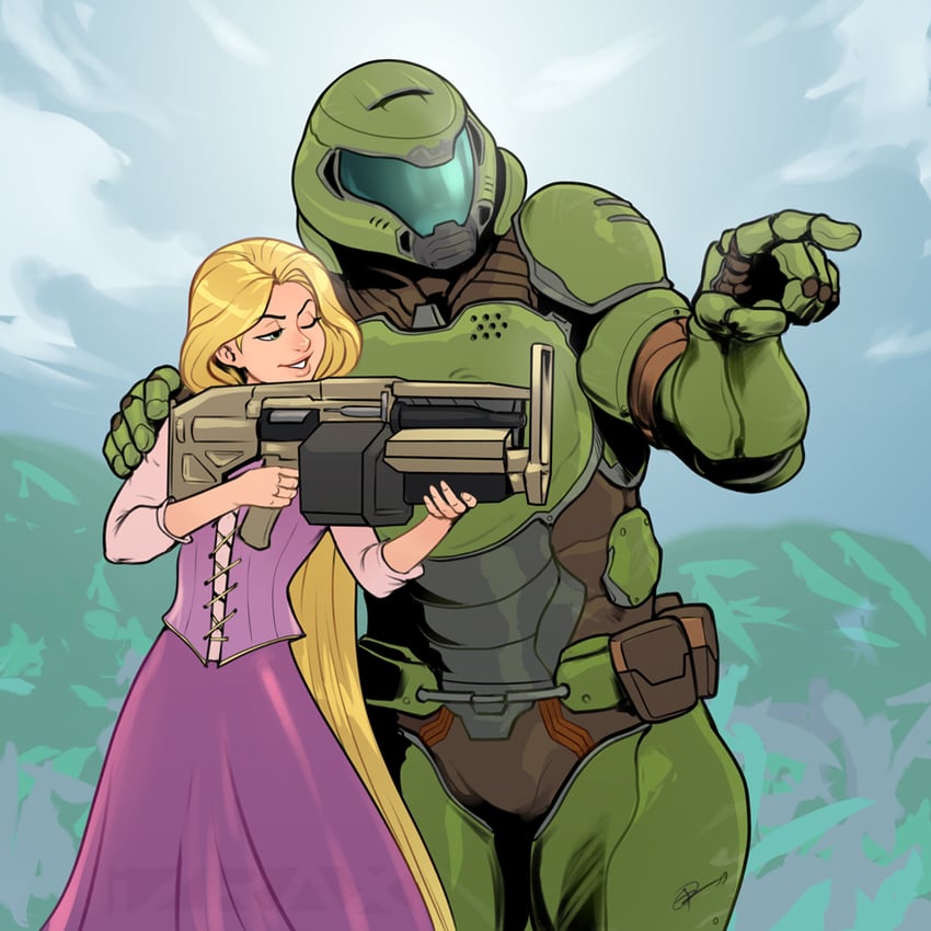 doomguy and rapunzel (tangled and 1 more) drawn by izra