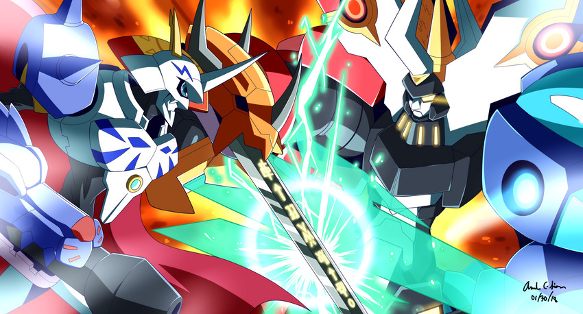 omegamon and omega (mega man and 3 more) drawn by innovator123