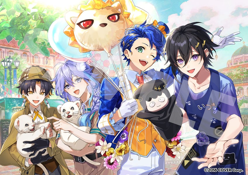 astel leda, kanade izuru, yatogami fuma, minase rio, apolleon, and 1 more (holostars) drawn by xia_(ryugo)