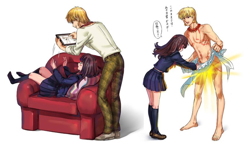 kishinami hakuno and gilgamesh (fate and 2 more) drawn by goenitzchild