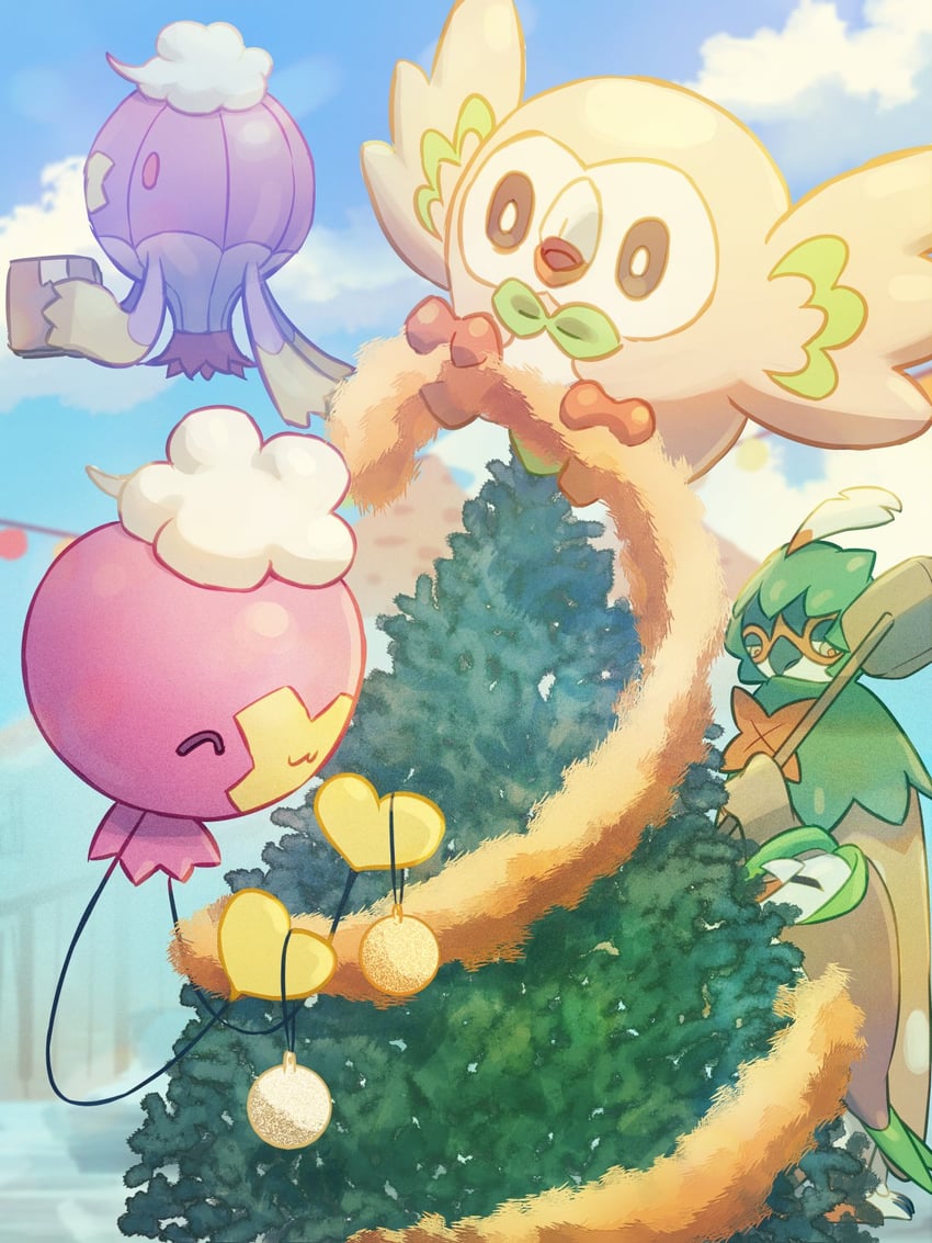 rowlet, drifloon, decidueye, drifblim, and dartrix (pokemon) drawn by mokukitusui