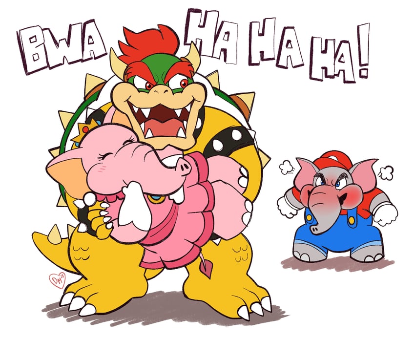 princess peach, mario, bowser, elephant mario, and elephant peach (mario and 1 more) drawn by domestic_maid