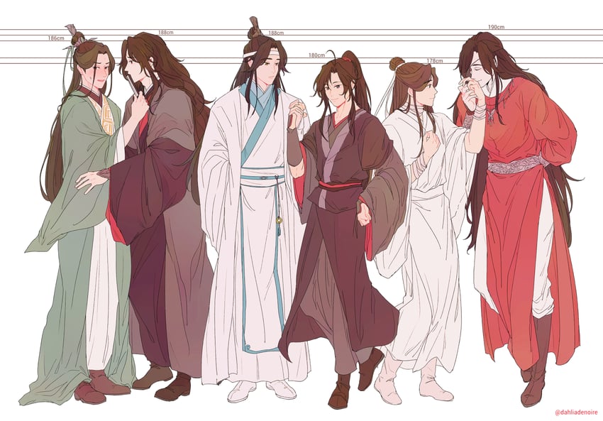 wei wuxian, lan wangji, xie lian, hua cheng, luo binghe, and 1 more (modao zushi and 2 more) drawn by tamtam_(dahliadenoire)