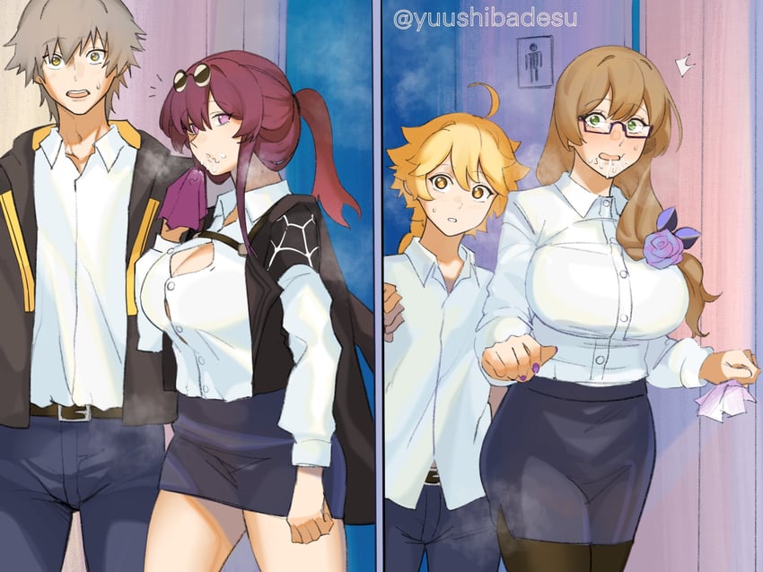 trailblazer, aether, kafka, caelus, and lisa (genshin impact and 3 more) drawn by yuushiba