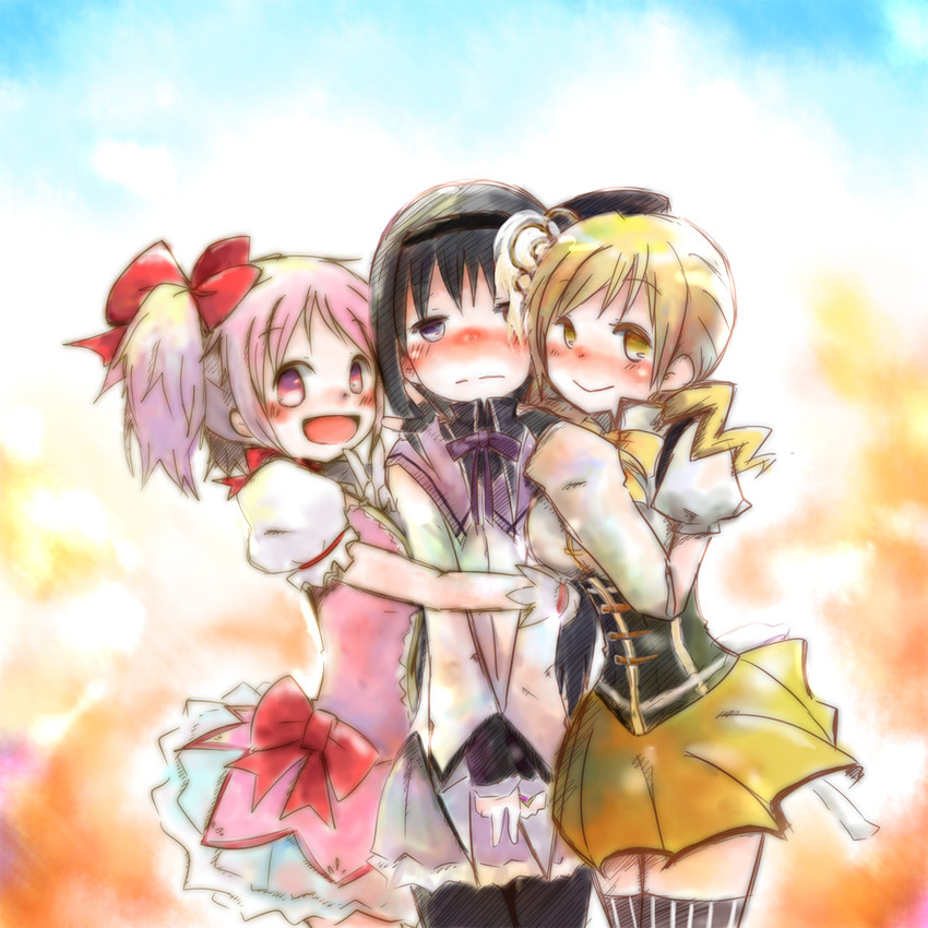 akemi homura, kaname madoka, and tomoe mami (mahou shoujo madoka magica) drawn by muro