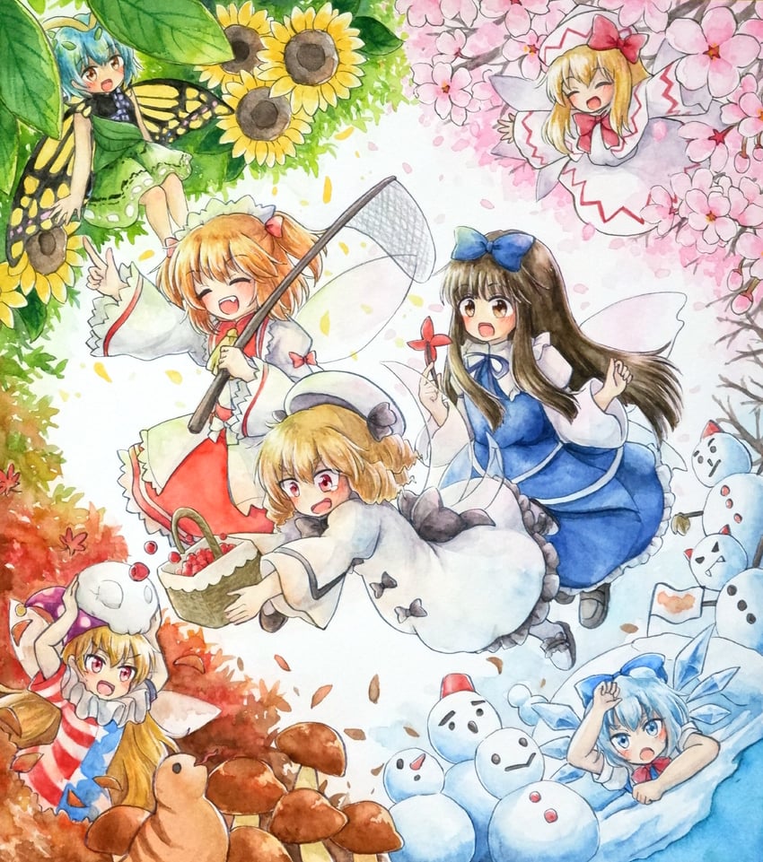 cirno, clownpiece, lily white, star sapphire, luna child, and 2 more (touhou) drawn by sakuranahotate