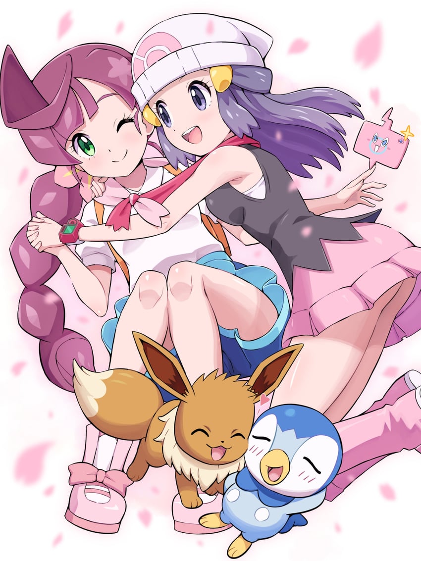 dawn, eevee, rotom, piplup, rotom phone, and 1 more (pokemon and 1 more) drawn by pokemoa