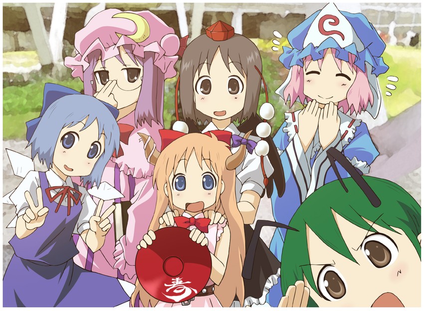 cirno, patchouli knowledge, shameimaru aya, saigyouji yuyuko, ibuki suika, and 7 more (touhou and 1 more) drawn by akuto