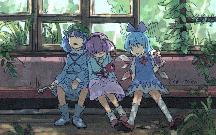 cirno, komeiji satori, and kawashiro nitori (touhou) drawn by minozzino