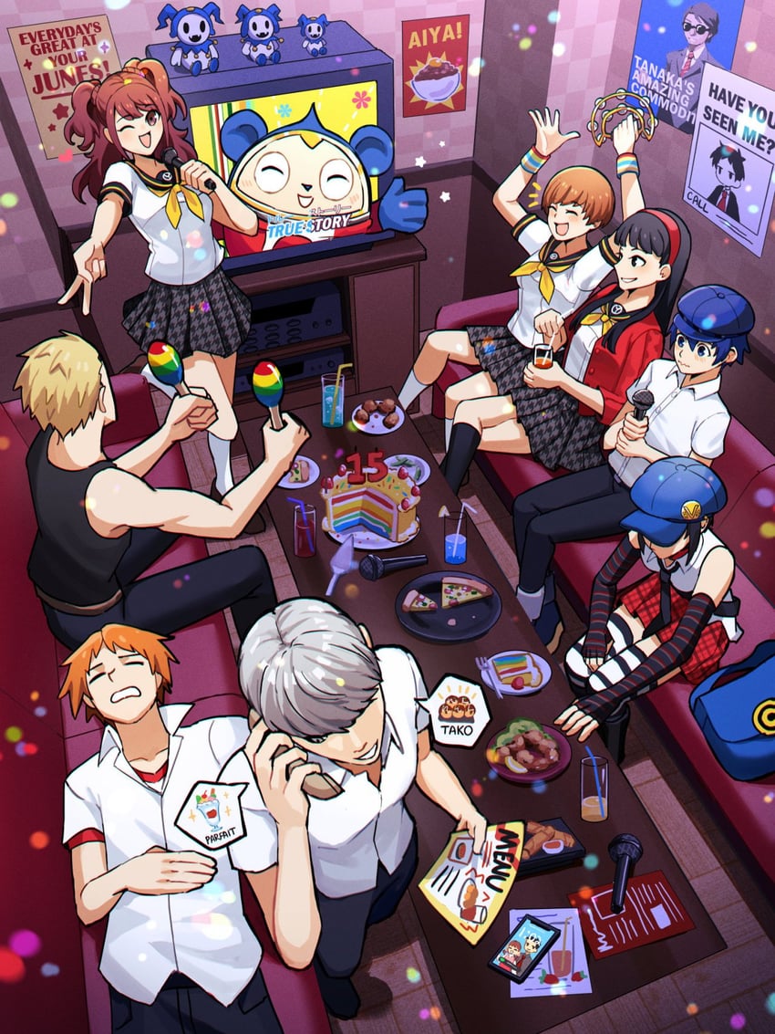 narukami yu, shirogane naoto, satonaka chie, kujikawa rise, amagi yukiko, and 6 more (persona and 1 more) drawn by kuki_tan