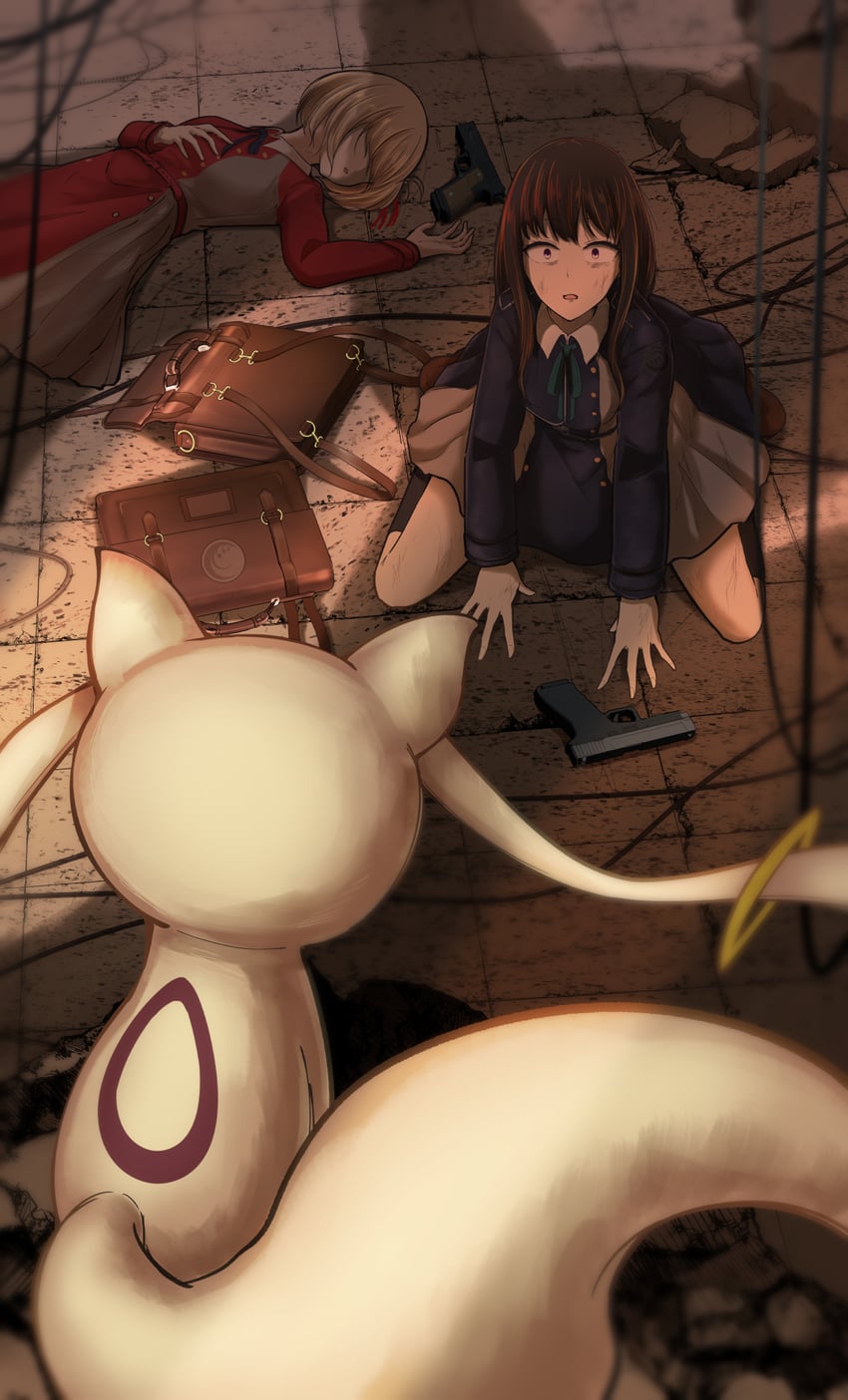 kyubey, nishikigi chisato, and inoue takina (mahou shoujo madoka magica and 2 more) drawn by 5tb