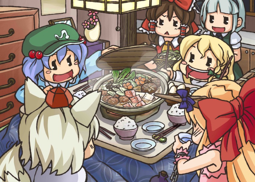 hakurei reimu, kirisame marisa, konpaku youmu, inubashiri momiji, kawashiro nitori, and 1 more (touhou) drawn by hijirisu_(spity)