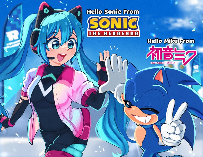 hatsune miku and sonic the hedgehog (vocaloid and 2 more) drawn by mimiipyon