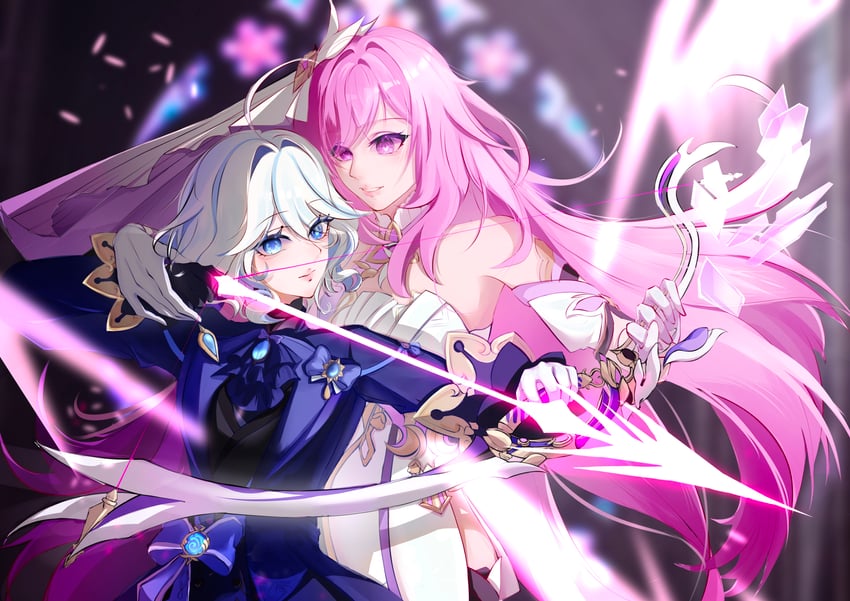 furina and elysia (genshin impact and 3 more) drawn by mengli111