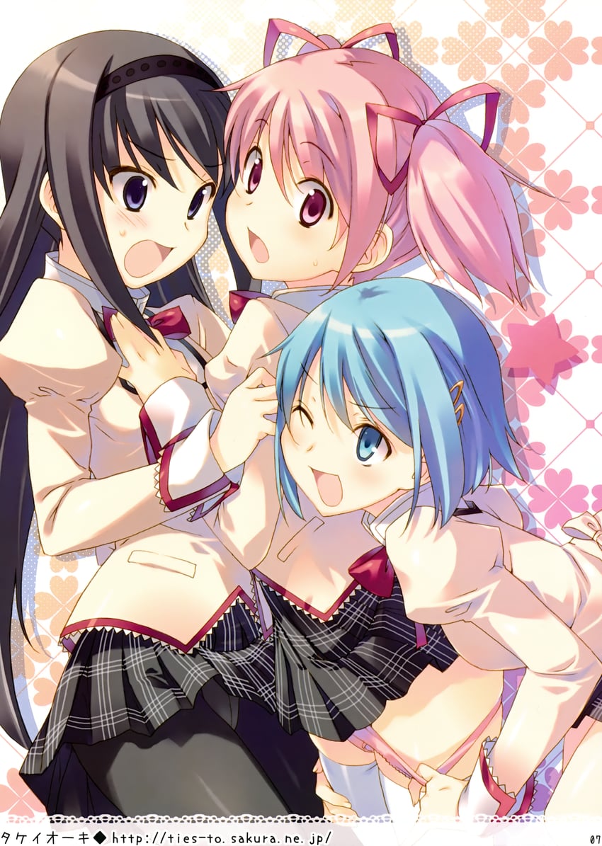 akemi homura, kaname madoka, and miki sayaka (mahou shoujo madoka magica) drawn by takei_ooki