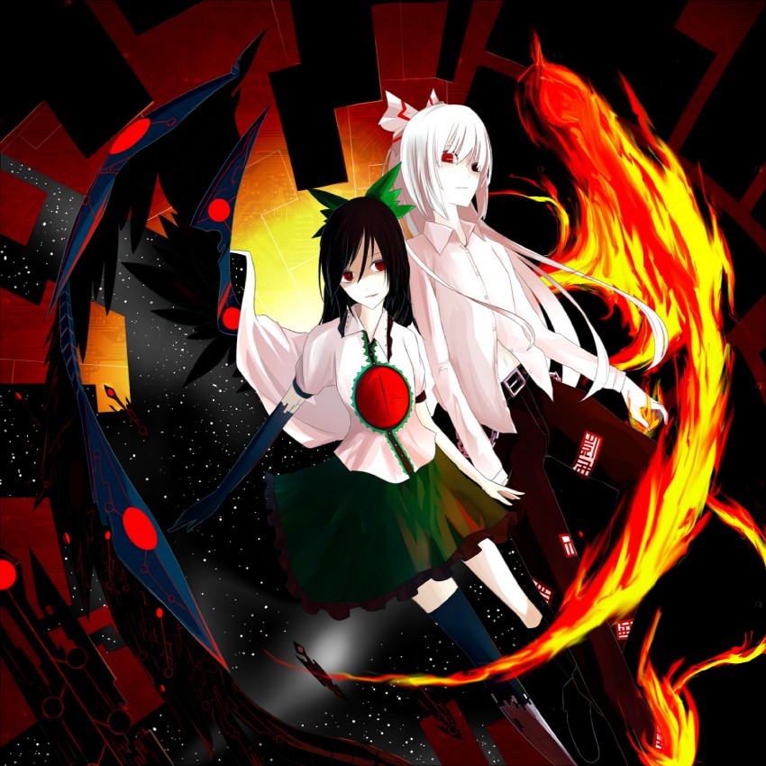 fujiwara no mokou and reiuji utsuho (touhou) drawn by kazeharu