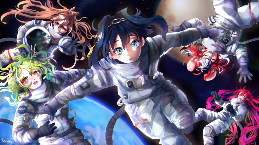 ouro kronii, nanashi mumei, hakos baelz, ceres fauna, irys, and 1 more (hololive and 1 more) drawn by miku_(mikururun)