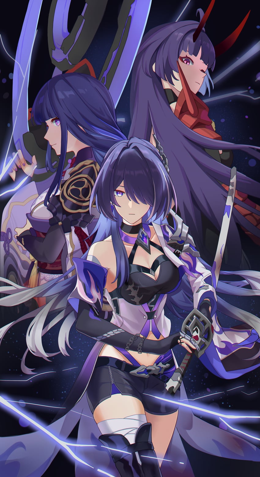 raiden shogun, acheron, raiden mei, and sawashiro miyuki (genshin impact and 4 more) drawn by nanyebeou