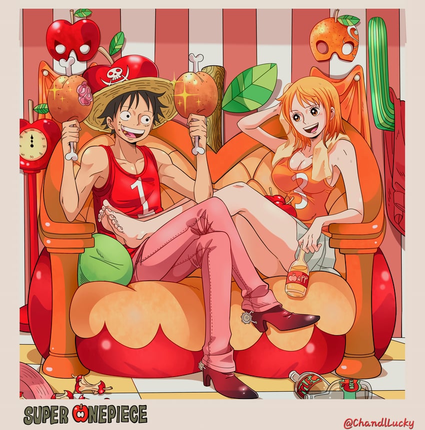 nami and monkey d. luffy (one piece) drawn by chandllucky