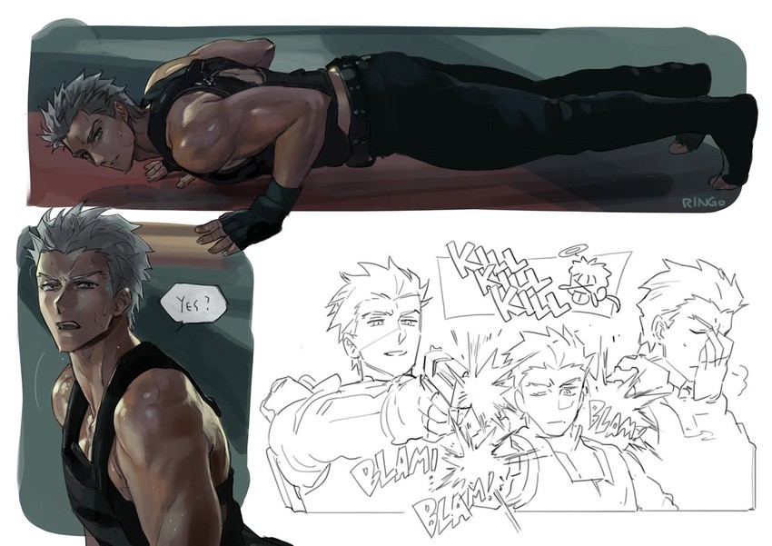 cu chulainn and archer (fate and 3 more) drawn by g0ringo