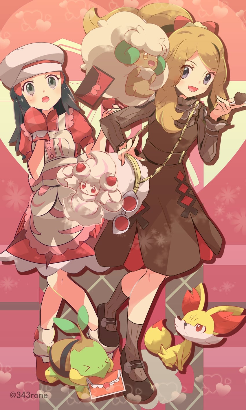 fennekin, alcremie, turtwig, whimsicott, dawn, and 1 more (pokemon and 1 more) drawn by 343rone