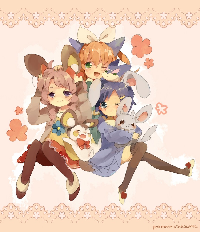 emolga, minccino, purrloin, sorano aoi, yamana akane, and 1 more (pokemon and 2 more) drawn by sunflower-m