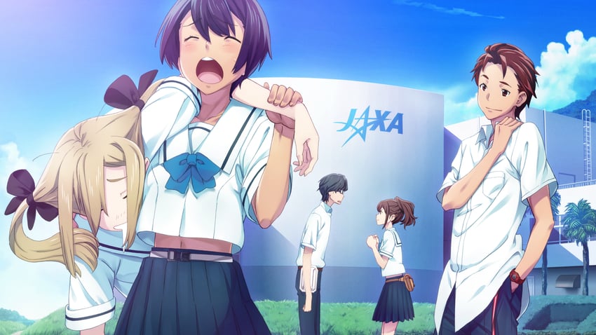 senomiya akiho, koujiro frau, yashio kaito, daitoku junna, and hidaka subaru (robotics;notes) drawn by fukuda_tomonori