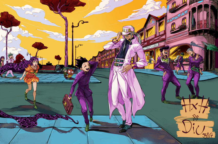 kujo jotaro, higashikata josuke, kishibe rohan, killua zoldyck, gon freecss, and 14 more (jojo no kimyou na bouken and 2 more) drawn by alderion-al
