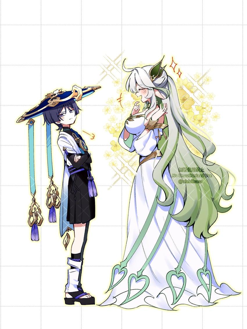 scaramouche, wanderer, and rukkhadevata (genshin impact) drawn by oishii_sasa