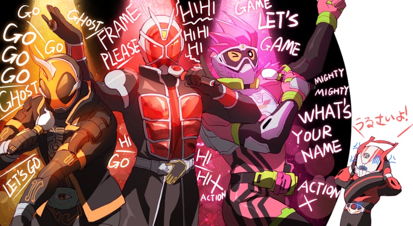kamen rider wizard, kamen rider ghost, kamen rider drive, kamen rider ex-aid, flame style, and 3 more (kamen rider and 4 more) drawn by mio_(jian_wei)
