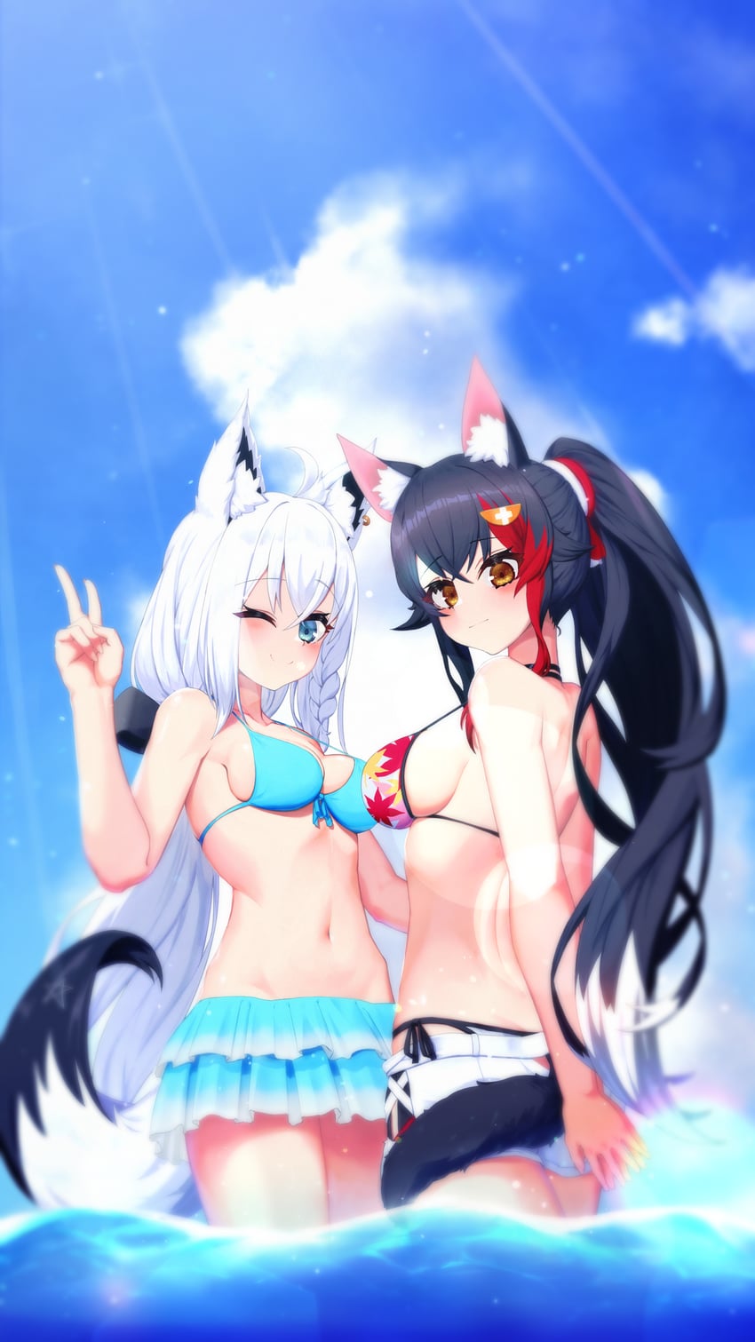 shirakami fubuki and ookami mio (hololive) drawn by one_o_clcok
