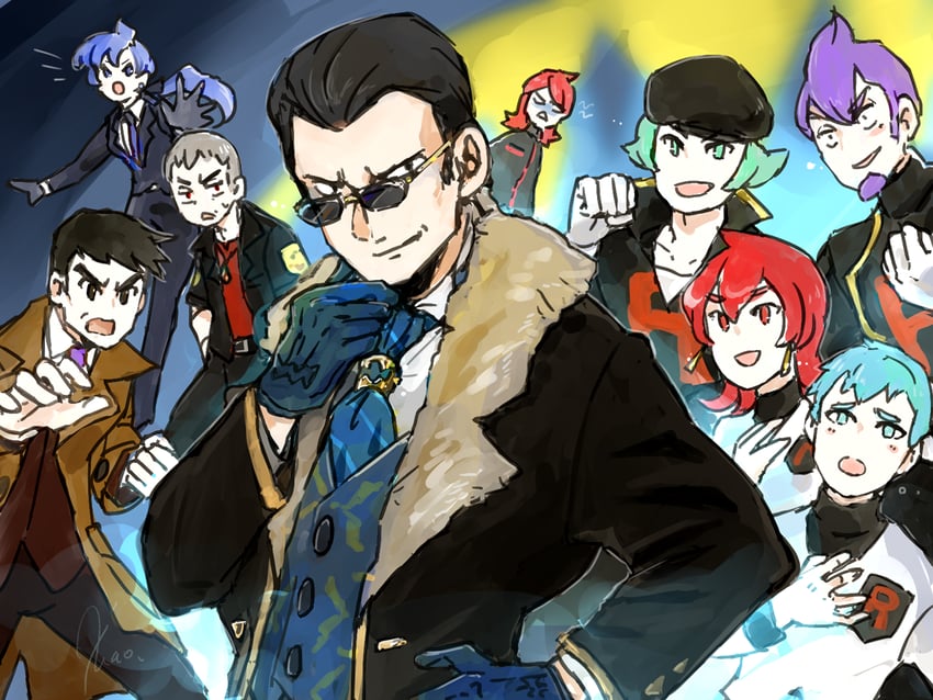 silver, giovanni, anabel, nanu, archer, and 4 more (pokemon and 3 more) drawn by xiao_(yangshen)