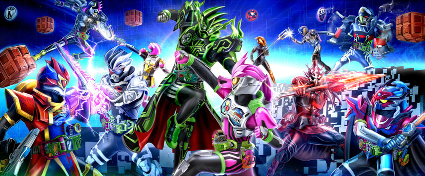 kamen rider ex-aid, kamen rider genm, dangerous zombie level x, kamen rider brave, kamen rider snipe, and 10 more (kamen rider and 1 more) drawn by masukudo_(hamamoto_hikaru)