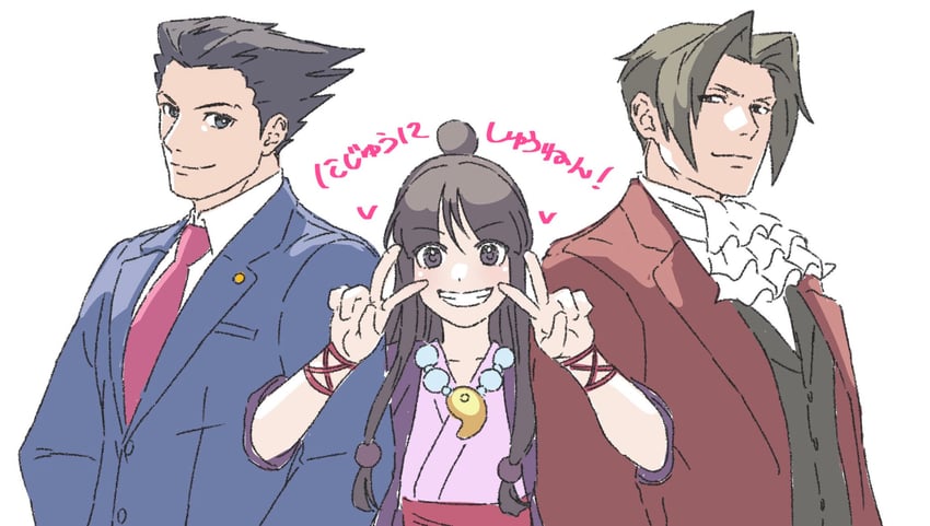 phoenix wright, miles edgeworth, and maya fey (ace attorney) drawn by lcageki