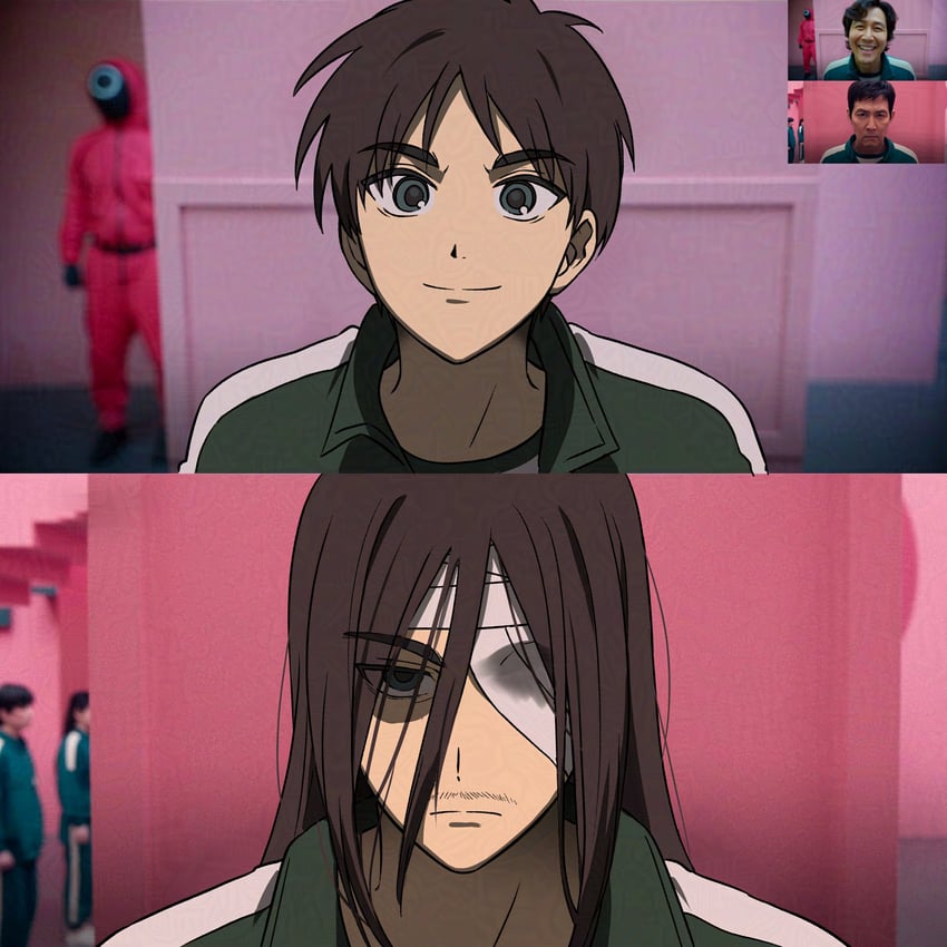 eren yeager, seong gi-hun, and lee jung-jae (shingeki no kyojin and 1 more) drawn by gongnam
