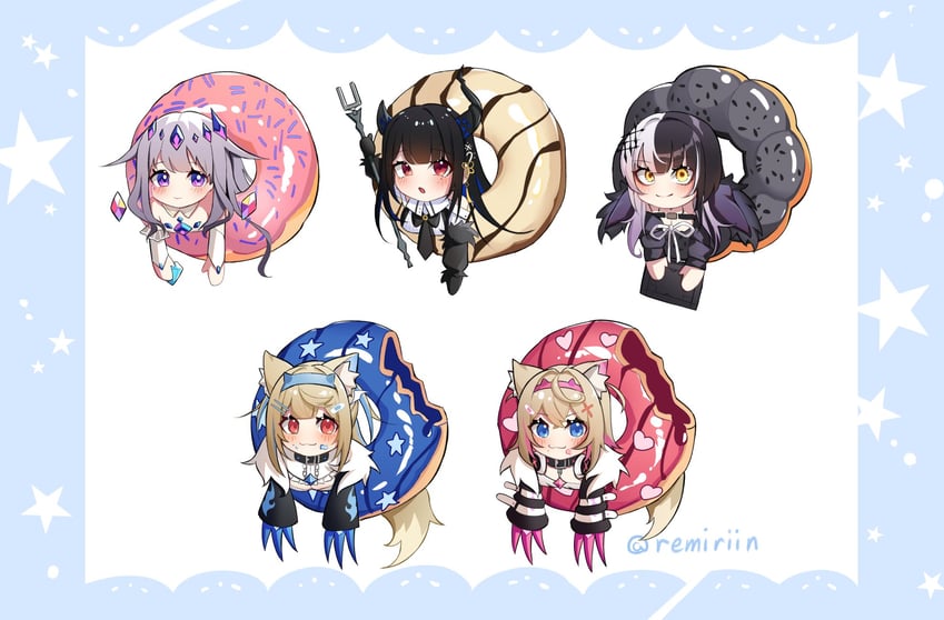 shiori novella, nerissa ravencroft, fuwawa abyssgard, mococo abyssgard, and koseki bijou (hololive and 1 more) drawn by remirii
