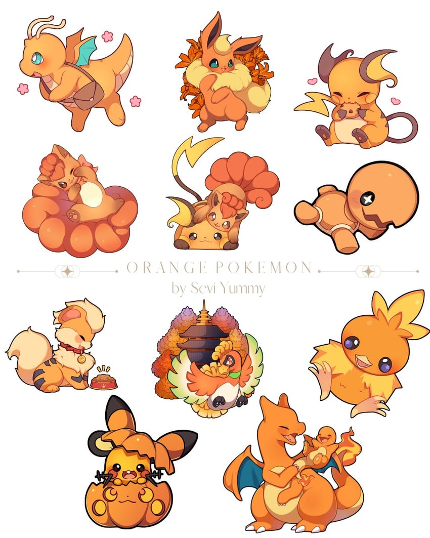 charizard, charmander, flareon, torchic, raichu, and 6 more (pokemon) drawn by sevi_(seviyummy)