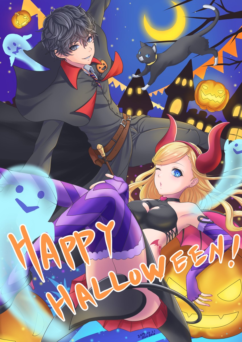 amamiya ren, takamaki anne, and morgana (persona and 2 more) drawn by yoruno_mahiru