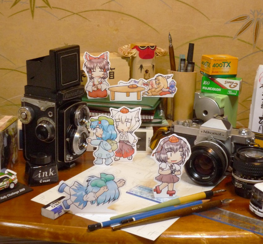 hakurei reimu, cirno, shameimaru aya, inubashiri momiji, kawashiro nitori, and 1 more (touhou and 1 more) drawn by d-na
