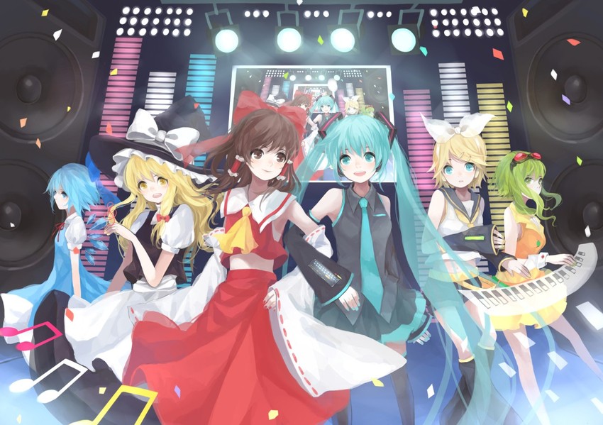 hatsune miku, hakurei reimu, kirisame marisa, cirno, kagamine rin, and 1 more (touhou and 1 more) drawn by dy_(372127010)