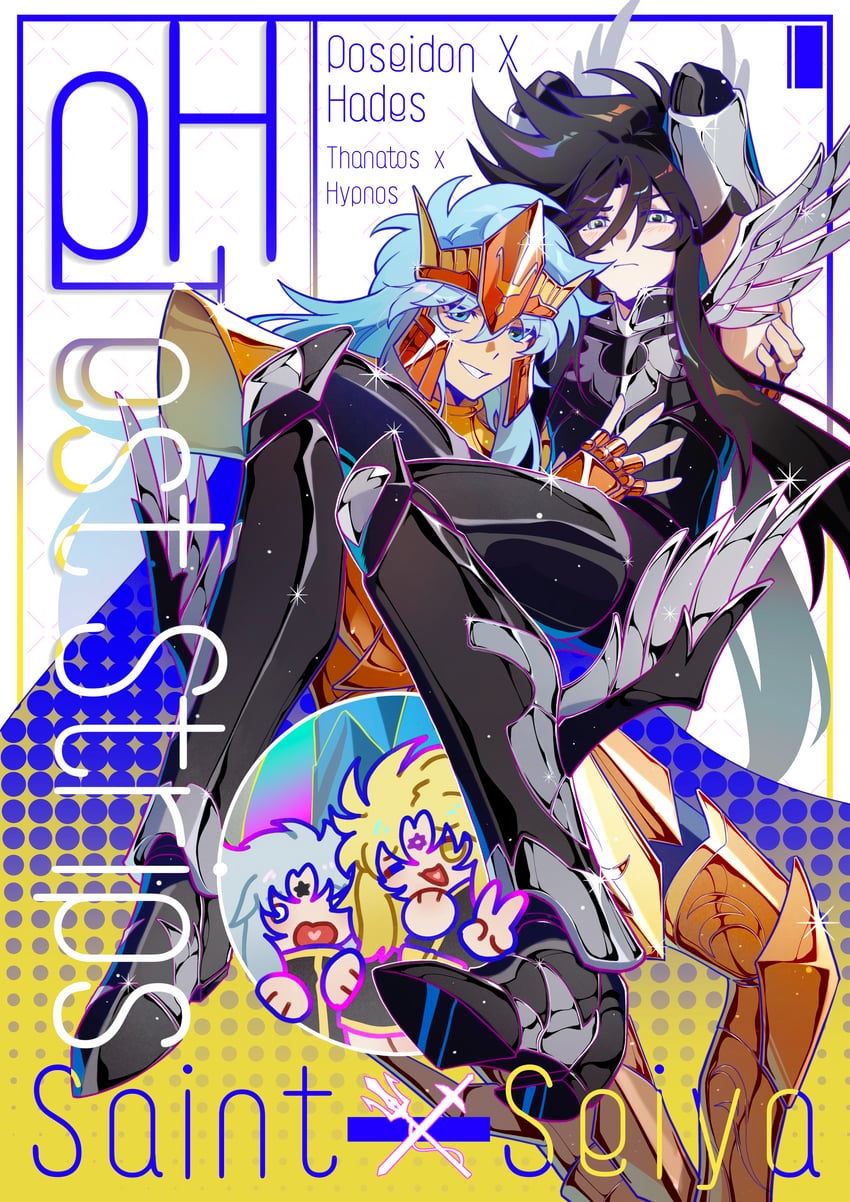 hades, poseidon, julian solo, thanatos, and hypnos (saint seiya) drawn by snowflake_(diodarja)
