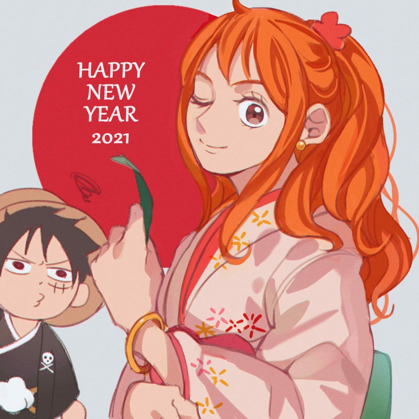 nami and monkey d. luffy (one piece) drawn by pandar_op