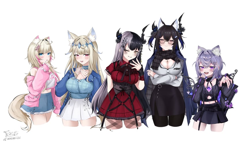 shiori novella, nerissa ravencroft, fuwawa abyssgard, mococo abyssgard, and koseki bijou (hololive and 1 more) drawn by gloryaldelly