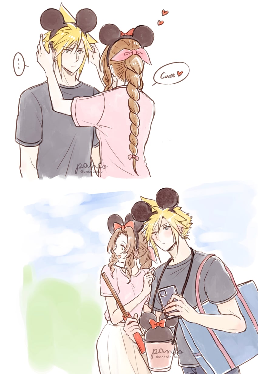 cloud strife and aerith gainsborough (final fantasy and 3 more) drawn by ancotsubu